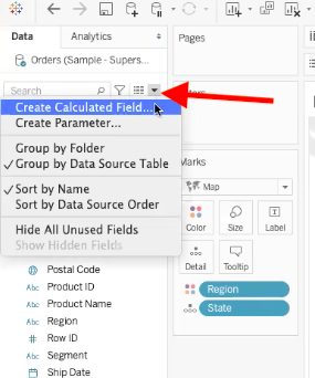 red arrow pointing to create calculated field option in tableau dashboard