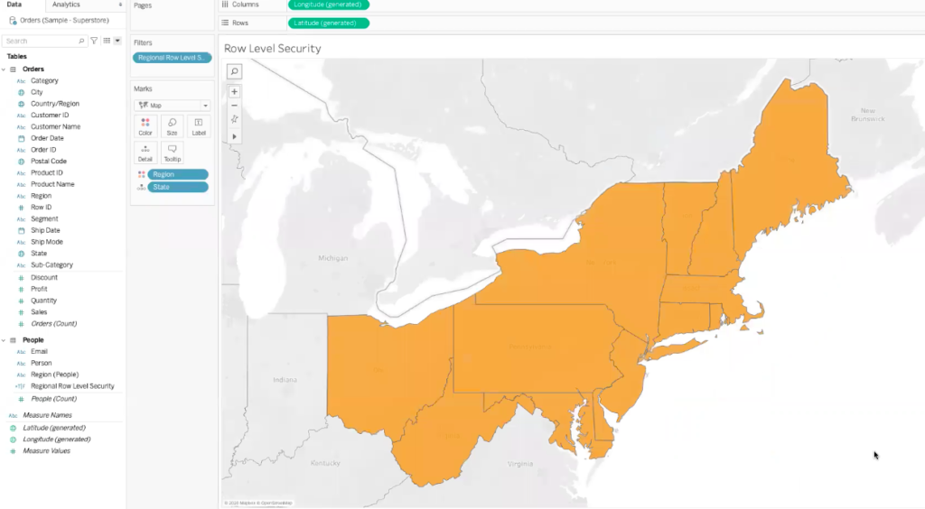 tableau dashboard with east region of united states map highlighted
