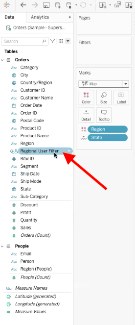 red arrow pointing to new regional user filter data set in tableau tool bar