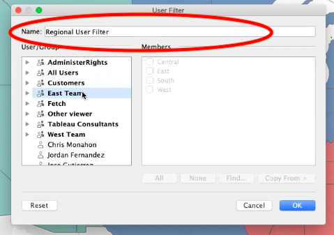 red circle highlighting name of user filter set