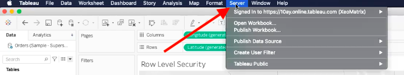 red arrow pointing to server in tableau desktop toolbar